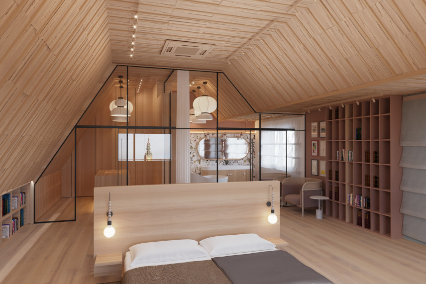 Sypialnia na poddaszu w stylu japandi