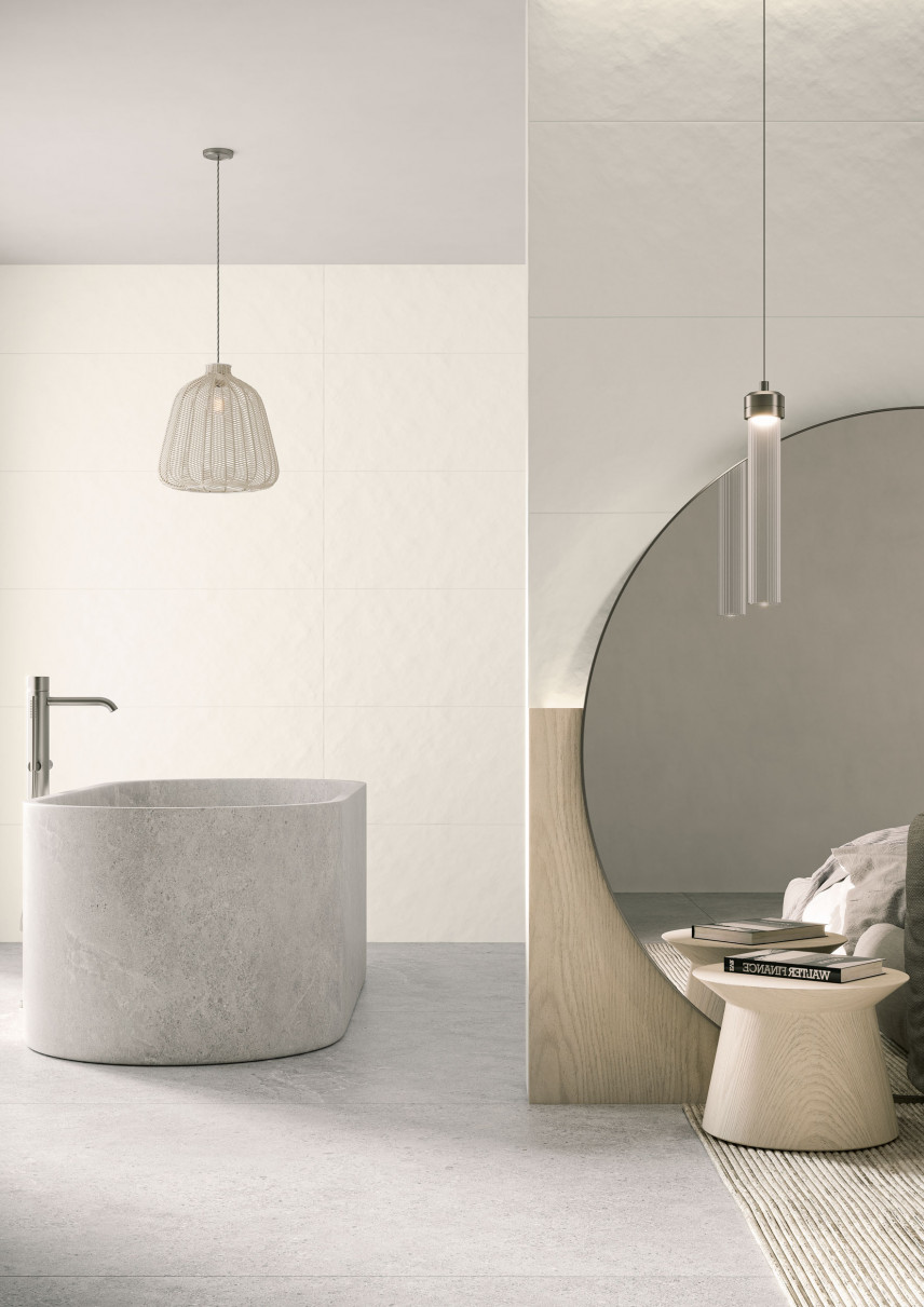 Stylowa łazienka z wanną stojącą oraz z białymi płytkami na ścianie z kolekcji My Way by Gosia Baczyńska