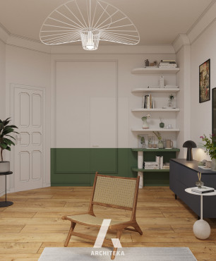 Funkcjonalny i minimalistyczny salon z białymi ścianami