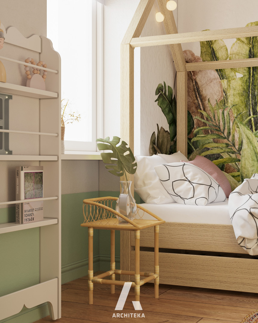 Pokój dziecięcy z drewnianym łóżkiem domek