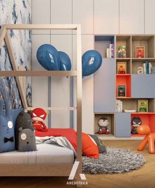 Pokój małego chłopca z drewnianym łóżkiem domek