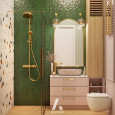 Mała łazienka z prysznicem i baterią w kolorze złotym
