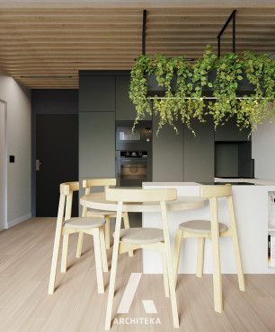Jadalnia połączona z kuchnią w minimalistycznym stylu