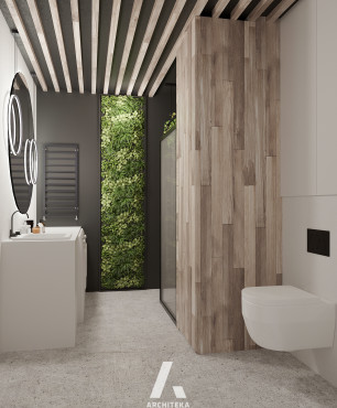 Minimalistyczna łazienka z ogrodem wertykalnym na ścianie