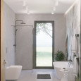 Łazienka z dużym oknem prostokątnym oraz z prysznicem