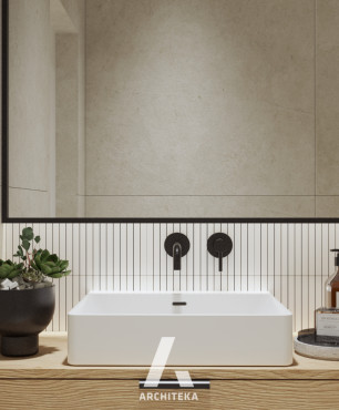 Klasyczna łazienka z imitacją betonowych płyt na ścianie