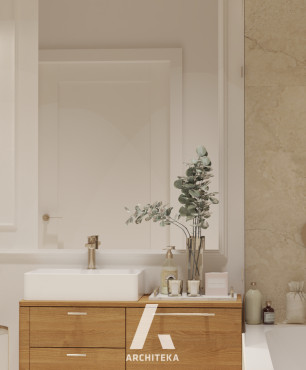 Klasyczna łazienka z wanną w zabudowie oraz sztukaterią na ścianie