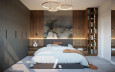 Sypialnia w stylu industrialnym z okrągłymi lampami wiszącymi
