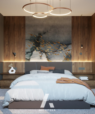 Sypialnia w stylu industrialnym z okrągłymi lampami wiszącymi