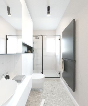 Duża łazienka z prysznicem oraz podłogą z imitacją kamienia