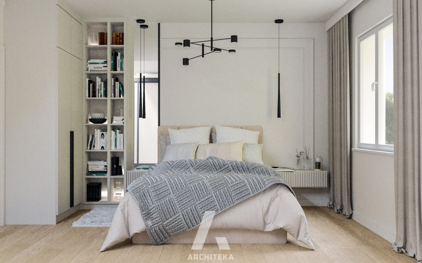 Klasyczna sypialnia z modnymi lampami wiszącymi