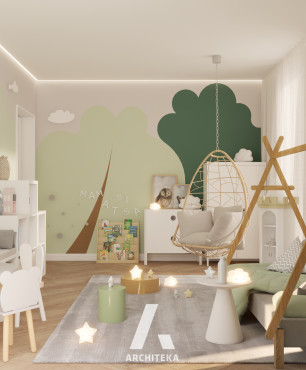 Duży, przestrzenny pokój dziecięcy z leśną tapetą na ścianie