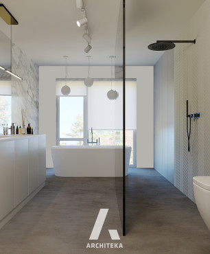 Duża łazienka z wanną owalną stojącą oraz prysznicem walk-in