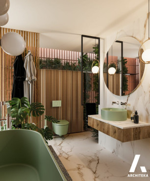 Neutralna zieleń w połączeniu z drewnem w łazience