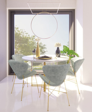 Nowoczesna jadalnia z okrągłym stołem i tapicerowanymi krzesłami