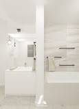 Biała szafka stojąca w łazience z szarą podłogą