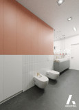 Łazienka z szarą podłogą i ścianą w kolorze pastelowego czerwonego