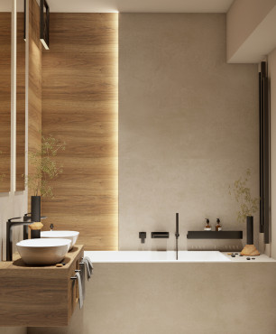Nowoczesna łazienka z wanną w zabudowie z imitacją betonu