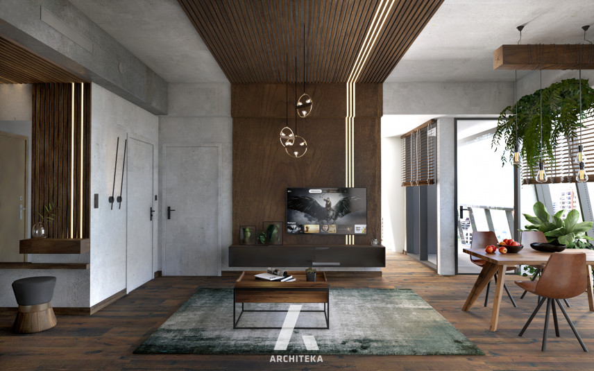 Salon z dodatkiem drewna i betonu dekoracyjnego