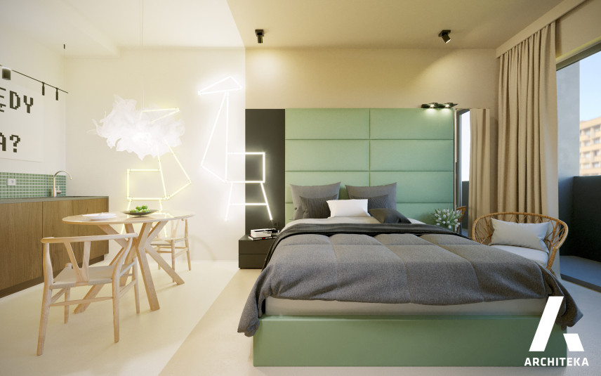 Sypialnia z dużym, tapicerowanym łóżkiem kontynentalnym