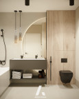 Łazienka z imitacją drewnianych płytek na ścianie oraz z czarną muszlą wiszącą