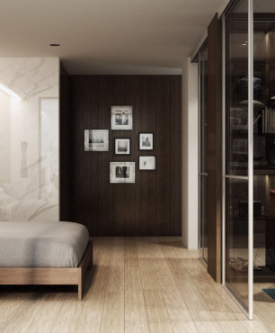 Nowoczesna sypialnia z drewnianą ścianą