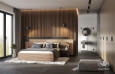 Duża sypialnia z drewnem na ścianie oraz dużym łóżkiem kontynentalnym