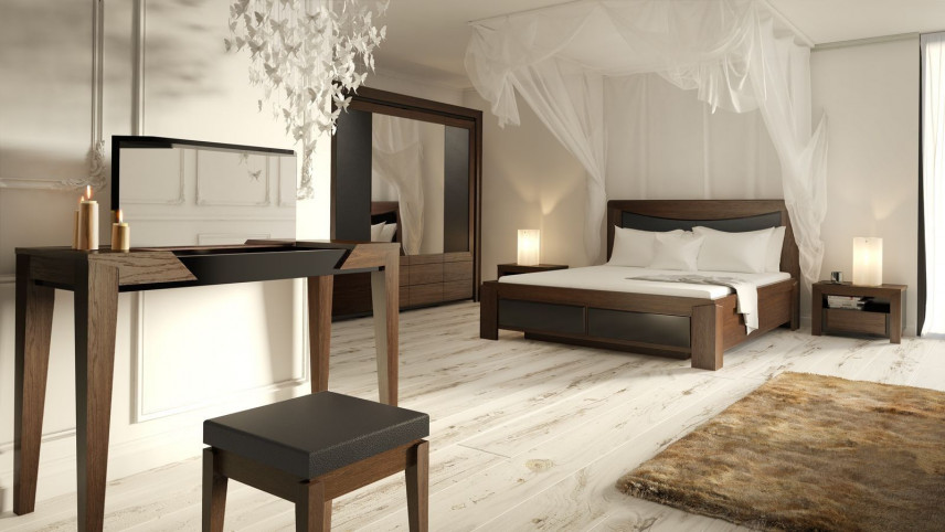 Duża sypialnia z ciemnym drewnianym łóżkiem z białym baldachimem