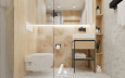 Łazienka z imitacją drewnianych płytek z wzorem 3d na ścianie