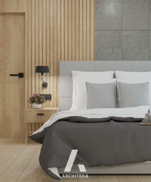Sypialnia z betonem architektonicznym na ścianie oraz z lamelem ściennym