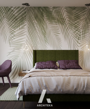 Sypialnia z tapetą w liście palmowe na ścianie
