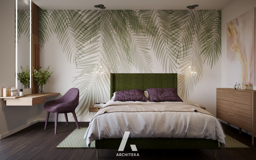 Sypialnia z tapetą w liście palmowe na ścianie