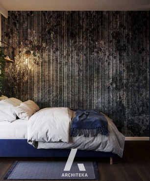 Sypialnia z ciemną tapetą na ścianie oraz półką loft wiszącą