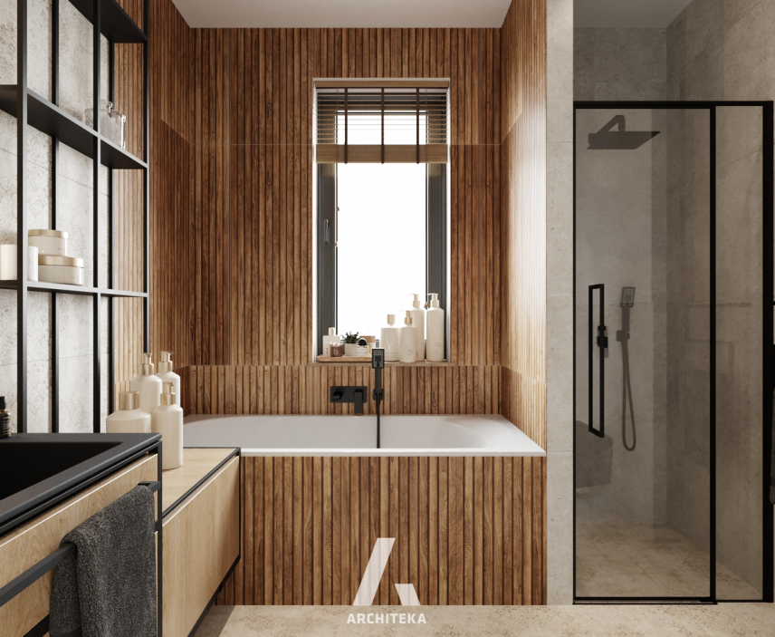 Charakterystyczna łazienka z drewnem na ścianie oraz z wanną i prysznicem