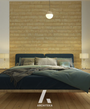 Sypialnia z cegłą na ścianie oraz ażurową szafą