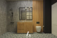 Łazienka z prysznicem walk-in oraz drewnianą szafką stojącą