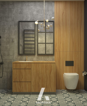 Łazienka z prysznicem walk-in oraz drewnianą szafką stojącą