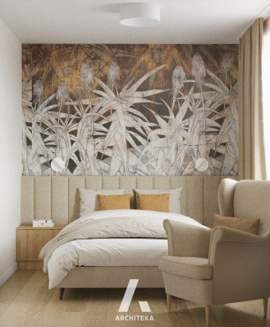 Sypialnia z beżowymi panelami tapicerowanymi
