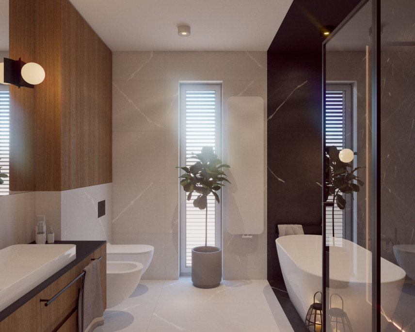 Łazienka z wąskim oknem do podłogi oraz z wanną i prysznicem