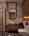 Łazienka w stylu industrialnym z lamelem na ścianie