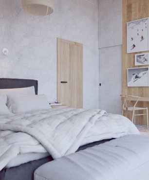 Sypialnia stylizowana na styl boho z betonową ścianą