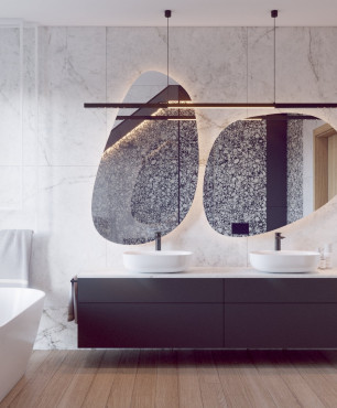 Designerska łazienka z gresowymi płytkami na ścianie i panelami na podłodze