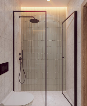 Klasyczna łazienka z prysznicem z czarnym natryskiem i czarną baterią