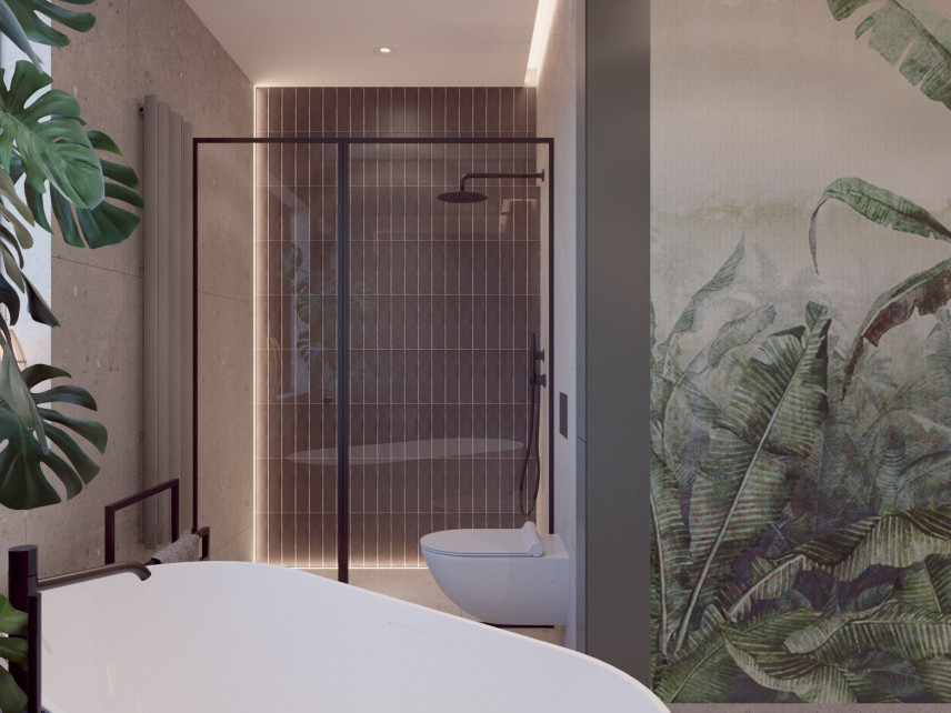Łazienka z tapetą na ścianie z motywem botanicznym
