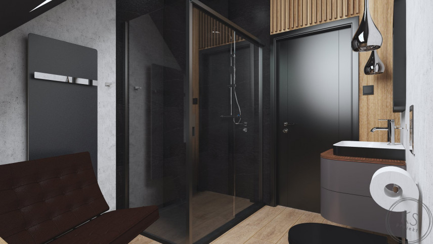 Projekt łazienki z prysznicem z drzwiami wahadłowymi