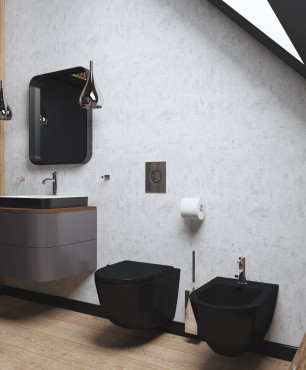 Projekt łazienki na poddaszu z czarną muszlą i czarnym bidetem