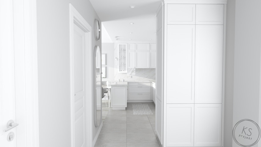 Mały, biały korytarz z biała szafą