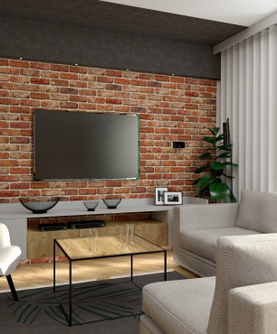 Projekt salonu z cegłą na ścianie i telewizorem