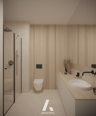 Łazienka z prysznicem i drewnianą ścianą