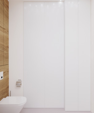 Toaleta z imitacją drewnianych płytek na ścianie
